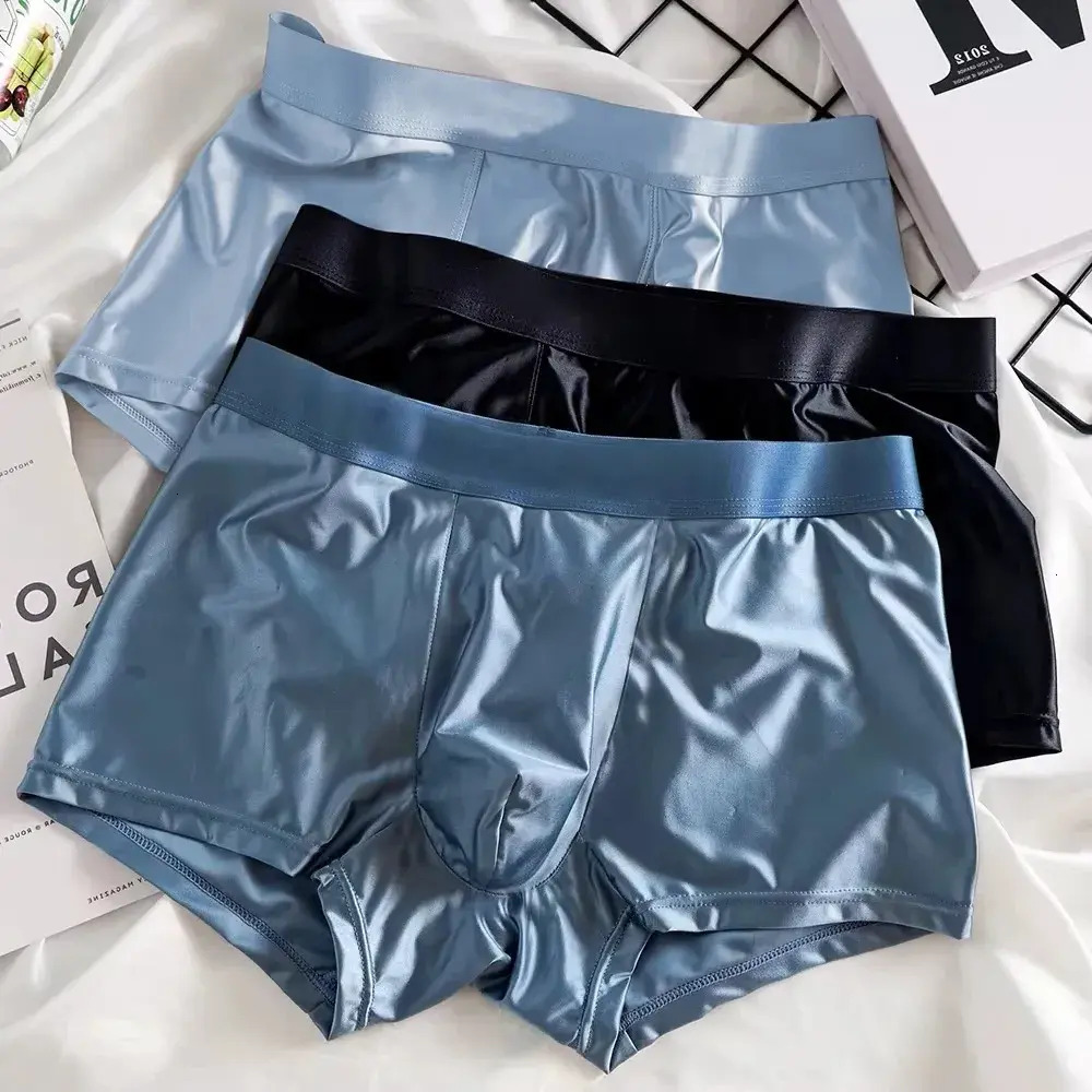 Men's Underwear briefs 3Pcs Mens Ice Silk Satin Boxer Briefs Solid Color Cool Breathable Summer Underwear Underpants