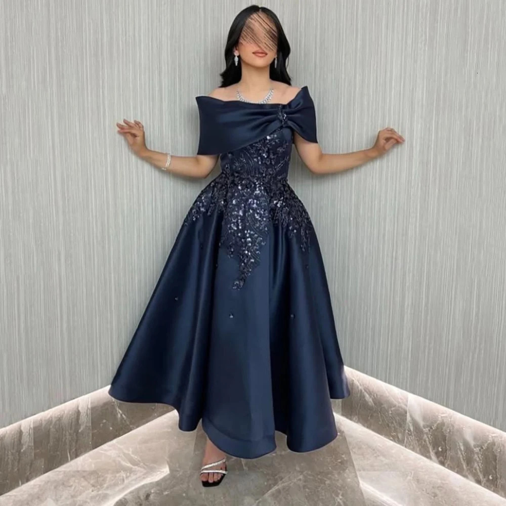 Customized Navy Blue A-line Flower Appliques Satin Evening Dress Draped Off the Shoulder Sleeveless Ankle Length Party Prom Gown 261013