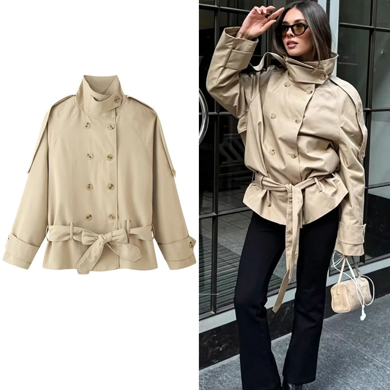 Women Vintage Chic Trench Khaki Coat Solid Stand Collar Double Breasted Belt Bow Female Fashion Spring Summer Outwear 260922