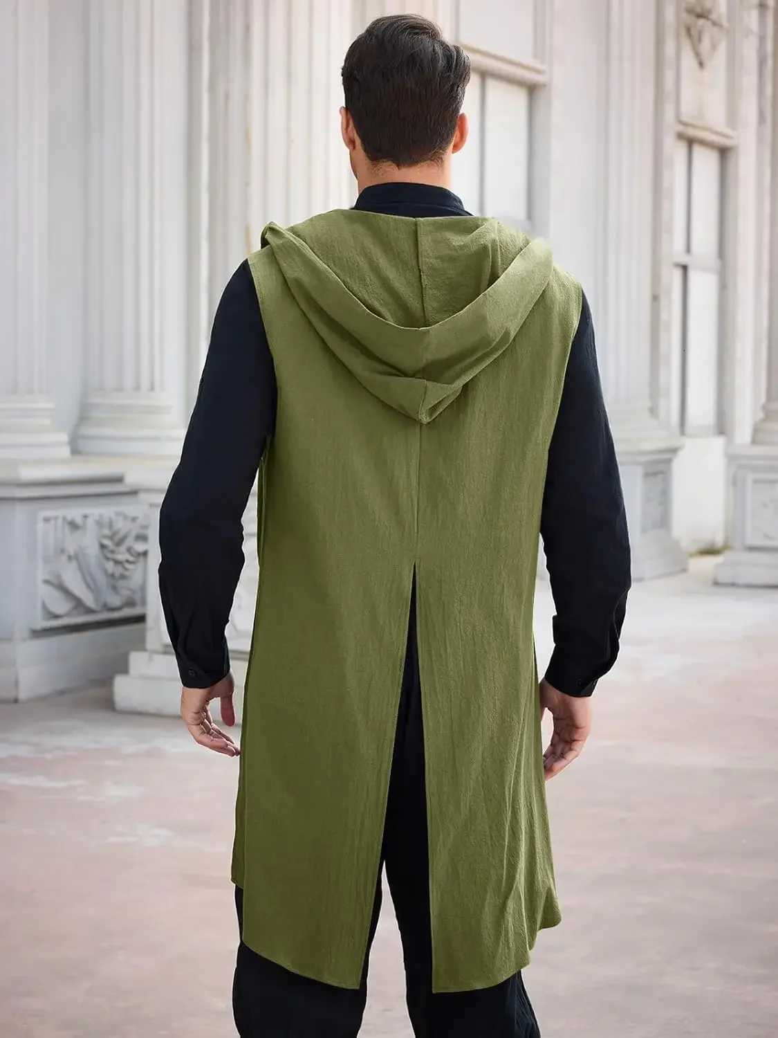 Mens LisdinoRuncati Men's Renaissance Vests Costume Hooded Surcoat Medieval Knight Sleeveless Tunic Tops Tabard Viking Holloween CloakW261017