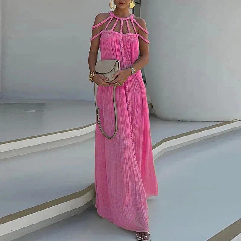 Summer Sexy Hollow Out Twist Bohe Party Dress Women Elegant Sleeveless Backless Long Casual Loose Solid Beach Dresses