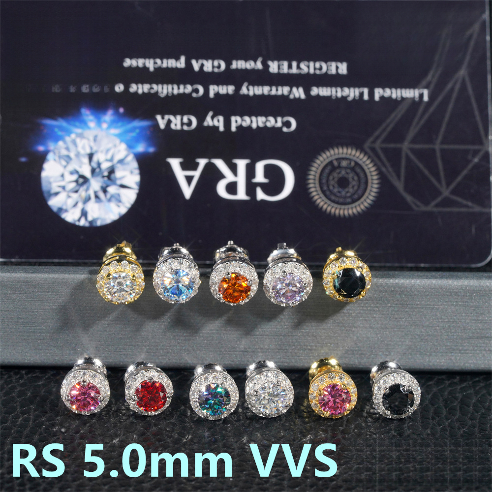 factory has S925 silver round 5MM earrings in stock, featuring VVS high-clarity colored moissanite stones, available for wholesale