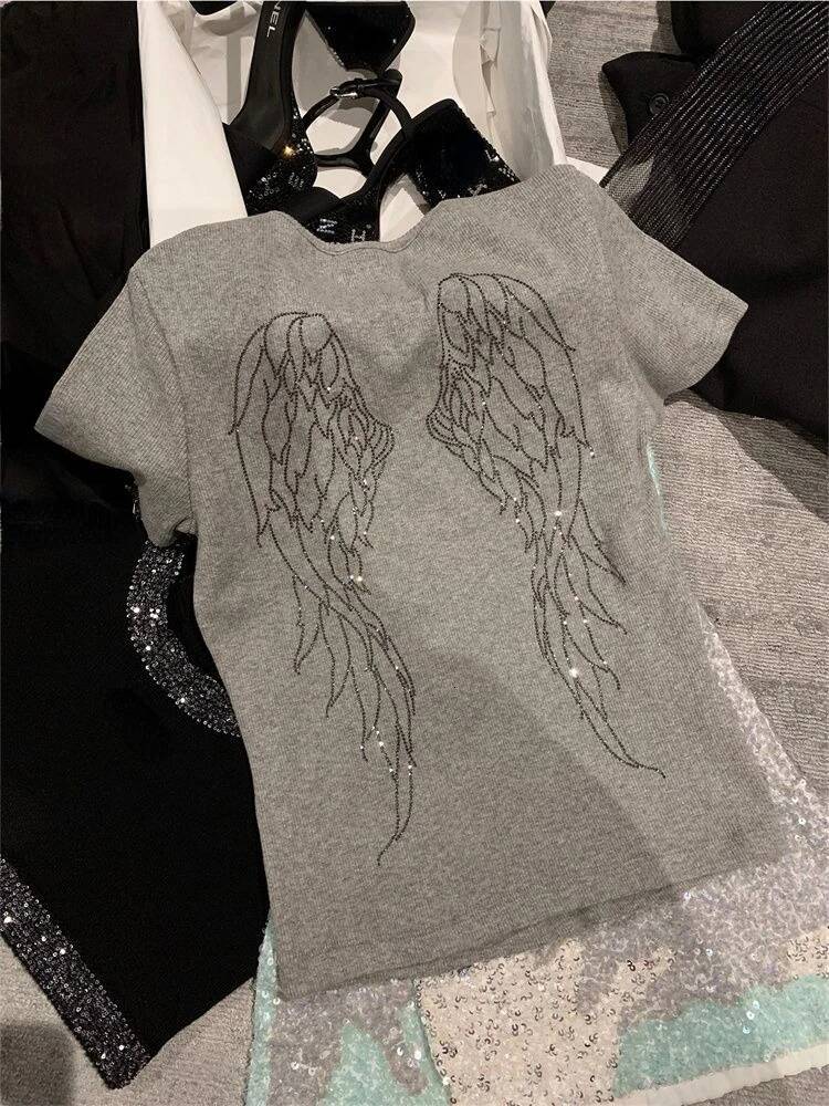 MEXZT Y2K Angel Wings T Shirts Women Harajuku Print Diamond White Crop Tops Summer Streetwear Korean Short Sleeve Slim Tees New