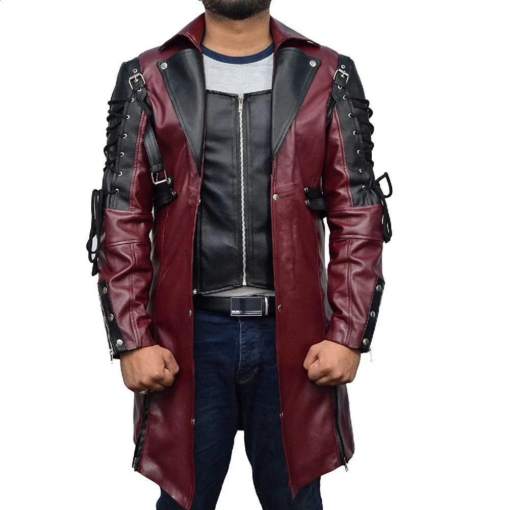 Long Leather Jacket Men Gothic Vintage PU Trench Coats Fashion Moto Biker Outwear Mens Punk Style Motocycle Jackets Man 261008