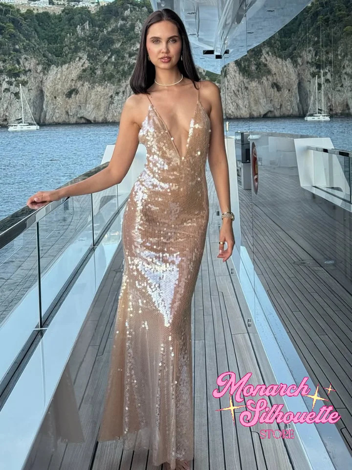 Sequin Deep V-neck Long Dress Women Chic Sleeveless Spaghetti Strap Backless Mermaid Dresses Lady Sexy Evening Party Wear 261017