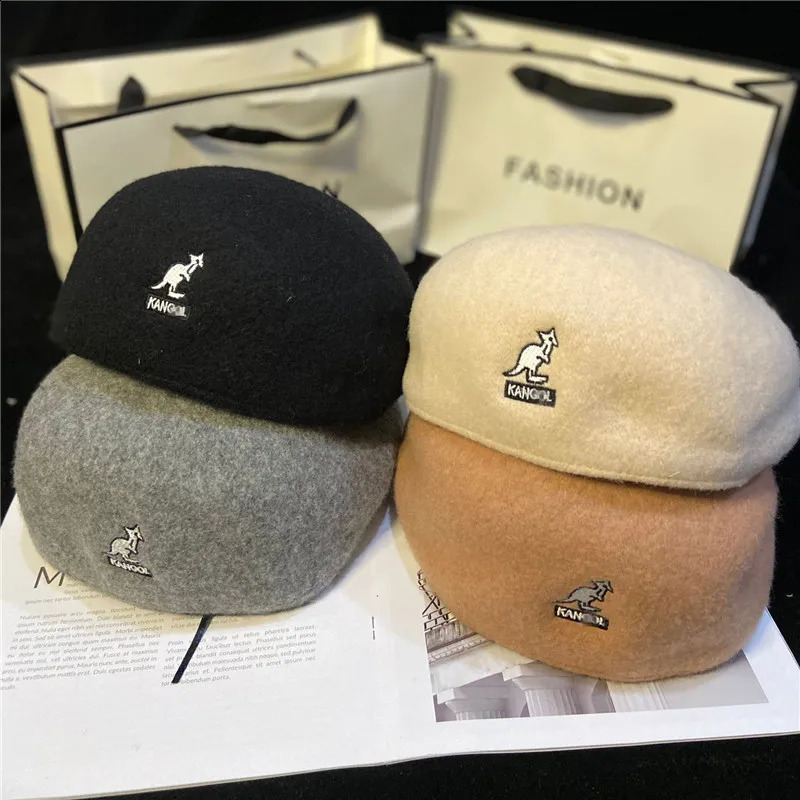 Woolen woolen hat simple solid color artist's hat unisex spring and autumn winter woolen gold embroidered beret Caps261016