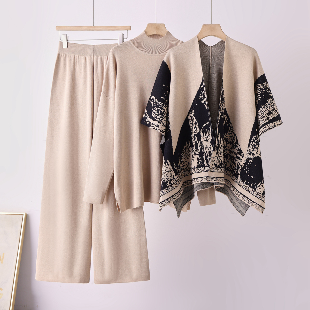 Womens Three Piece Knitted Set With Shawl High Neck Shirt And High Waist Wide Leg Pants Long Sleeve Casual Outfit For Women In Autumn Winter Daily W