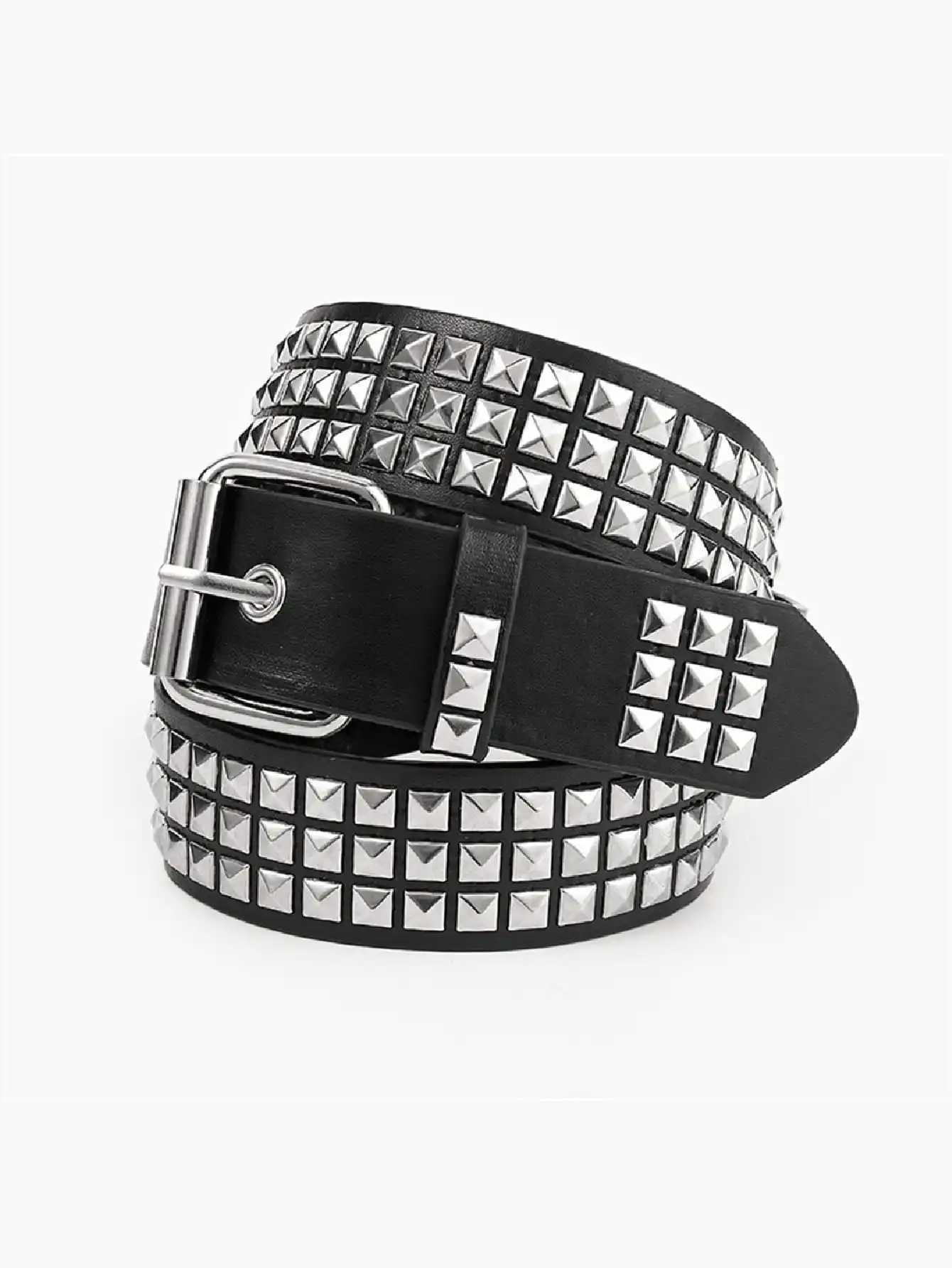 Color Solid 1pc Punk Men's Rock Studded Rhinestone Sequin Fashionable Belt Unisex sc251223131457976749067 M261016