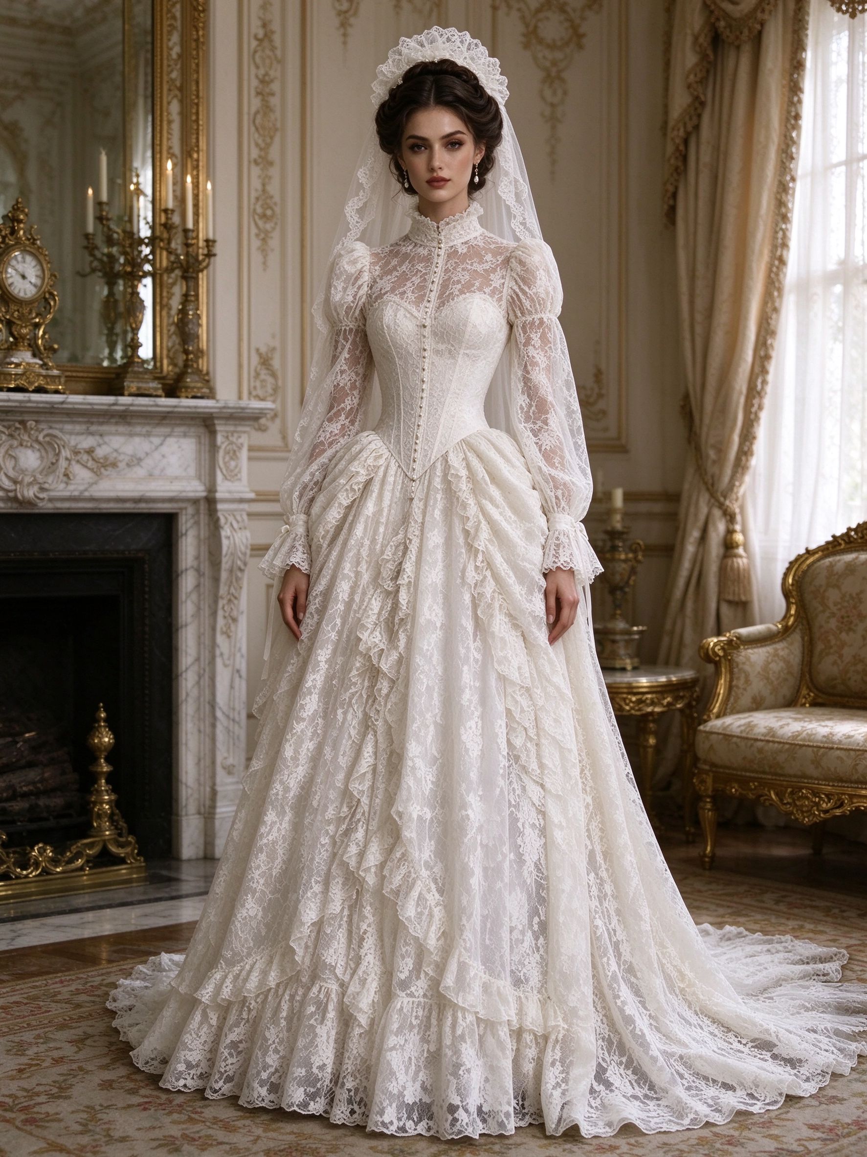 Antique Victorian Style Lace Wedding Dresses High Stand Collar Puffed Long Sleeve Corset Bodice Tiered Ruffle Skirt Bridal Gown Custom Made