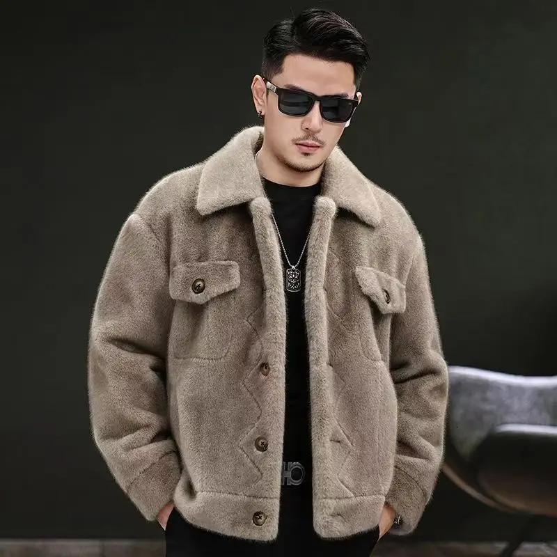 L4XL Size Fashion Men Short Jacket Warm Fur Mink Winter Coat White Gray Brown Outdoor Sports Loose Casual Parkas 261012