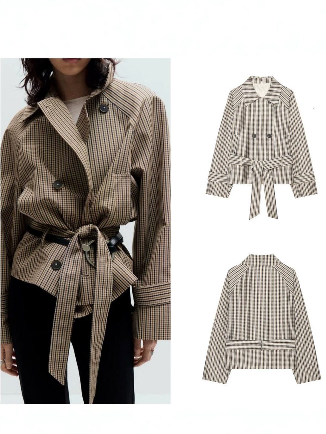 Women's Windbreaker Autumn New Plaid Lace-up Long Sleeve Double Breasted Trench Fashion Casual Femal Vintage Outerwears