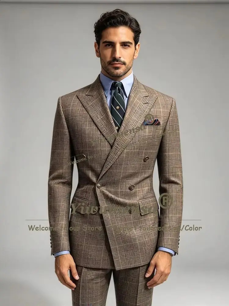 Classic Business Suits Men Houndstooth Plaid Check Jacket Pants 2 Piece Sets Man Banquet Party Tuxedo Customized Male Clothing 261012