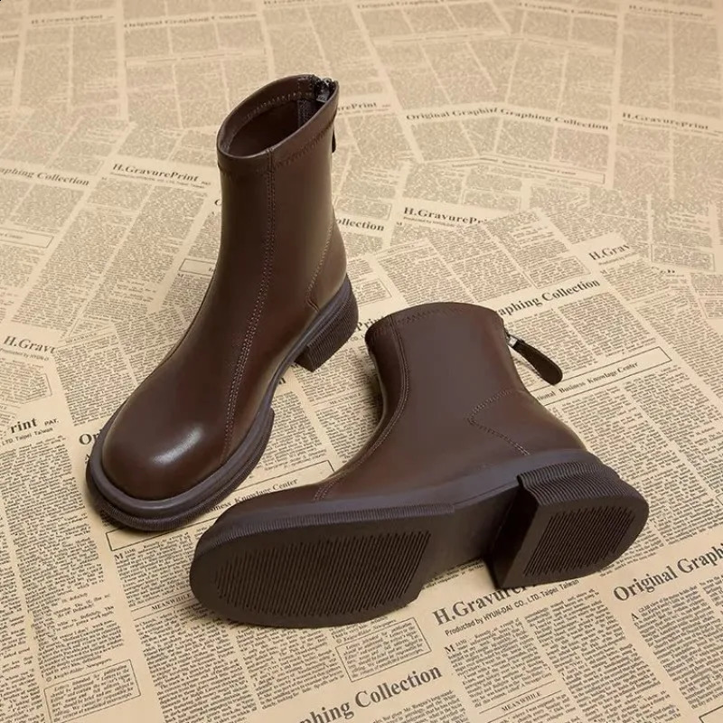 Women Retro Square Toe Elastic Ankle Boots Back Zipper Chunky Low Heel Short Booties Autumn Winter Commuter Brown Boots 261013