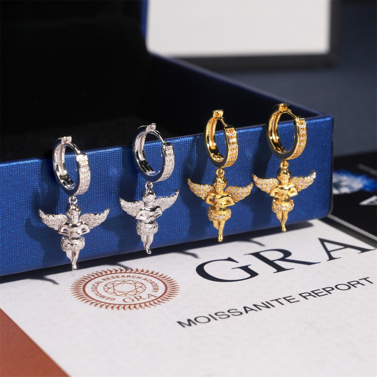Fashionable innovative S925 silver inlaid with moissanite angel-shaped earrings, new style hip-hop personalized earrings