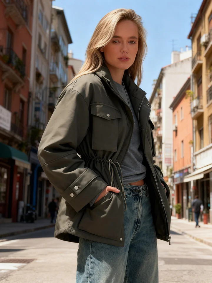 High Neck Zipper Multi Pockets Jacket Woman Solid Color Waist Cinched Long Sleeve Casual Coat Fashion Street Womens Jackets 261017