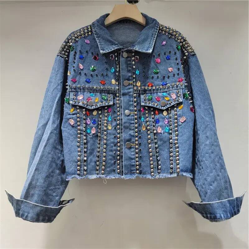 Women casual Short Jacket Chic Womens Beaded Rhinestones Denim Bomber Jacket Long Sleeved Rainbow Color Diamonds Jeans Coat Crystal Streetwear Cow T