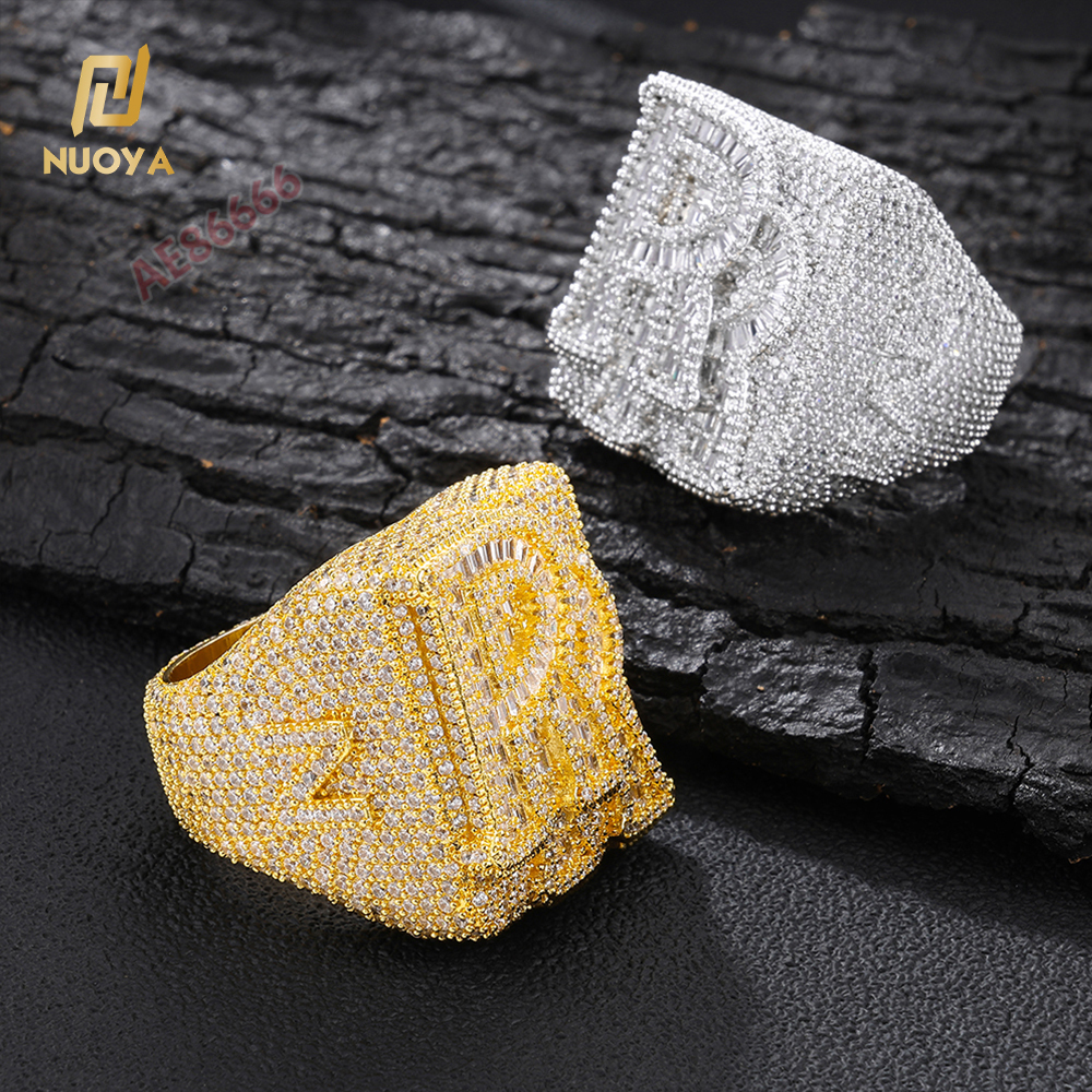 Men Women Iced Out Custom Letter Signet Ring 18K Gold Plated VVS Moissanite Mixed Baguette & Round Pave Setting Hip Hop Rapper Statement Ring For Pa