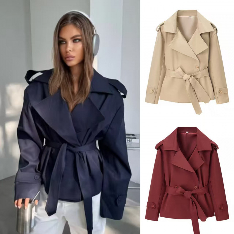 Women 2026 New European American Style Solid Color Belted Short Trench Coat Trendy Elegant Slim Fit Soft Breathable Daily Street Jacket Outerwear Fo