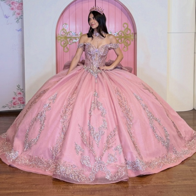 Mauve pink quinceanera dress with heavy beaded crystals, rose gold sequin leaf embroidery, perfect for a 15th birthday coming-of-age party or sweet