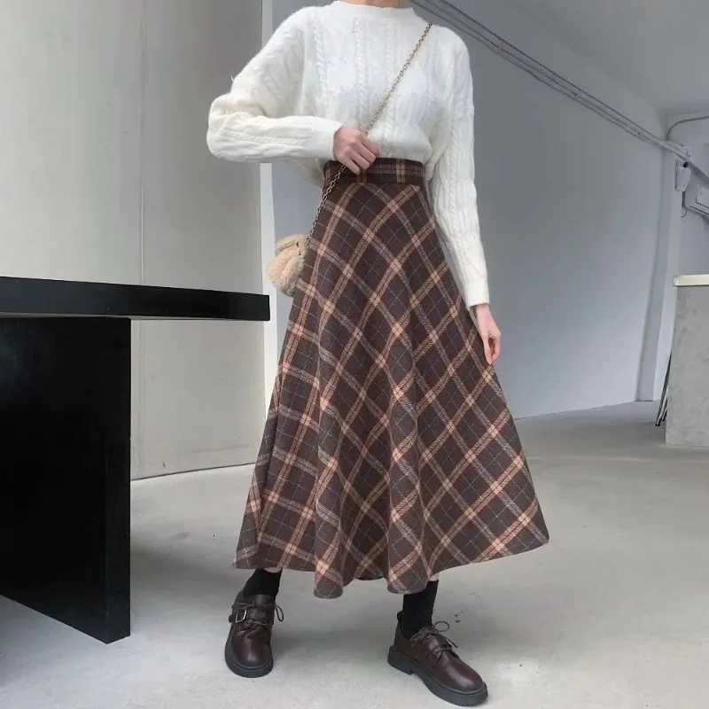 Elegant High Waist Retro Skirts Plaid Skirt Winter Autumu Classical High Waist Long Skirt Slim Fit Preppy Style A-line Half Dress Party W261017