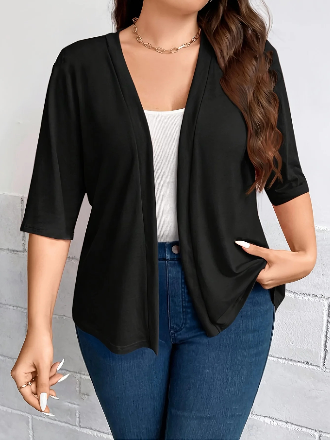 Plus Size Black Open Front Cardigan Womens Short Sleeve Loose Layering Top Casual Solid Color Cover Up for Daily Office 261014