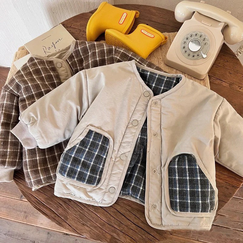 New Autumn Winter Kids Thick Padded Coat, Vintage Trendy Round Neck Cartoon Cotton Jacket, Long Sleeve Warm Outerwear for Baby Boys Girls Middle Kid