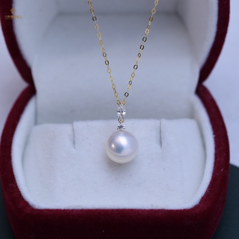 G18k Gold Freshwater 9-10mm White Round Strong Luster Near Flawless Pearl Pendant Necklace Women's Cat Eye Style Accessories