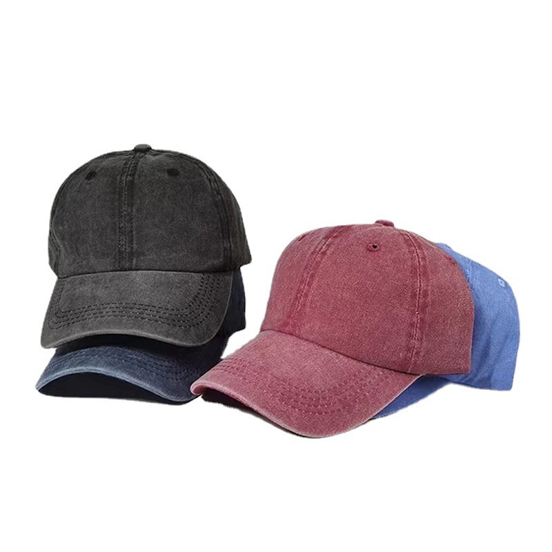 Koreanstyle casual versatile distressed baseball washed denim solidcolor duckbill cap women's retro sun hiphop hat men's