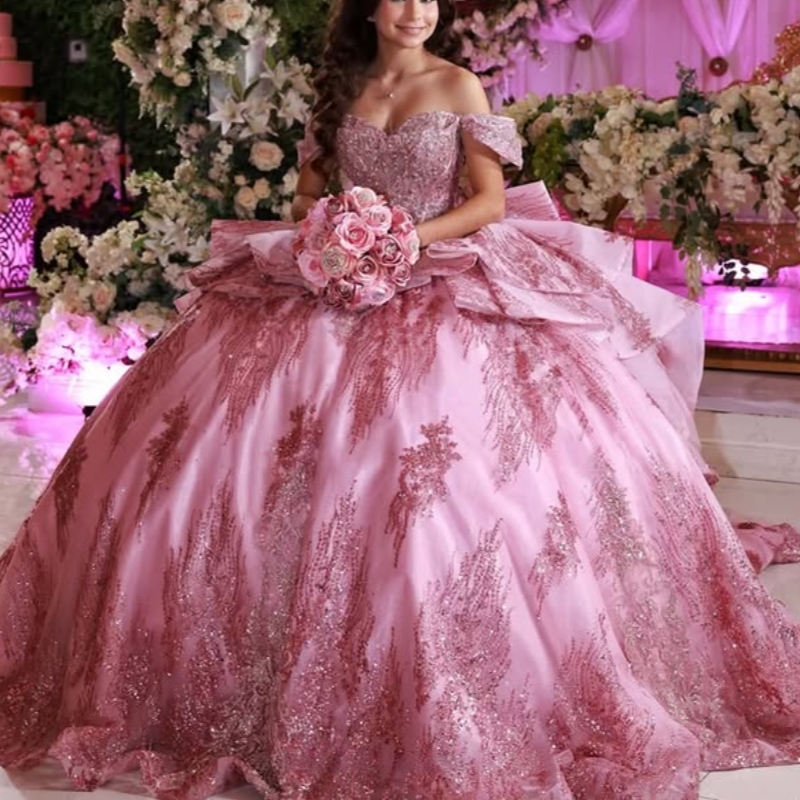 Pink Glitter Quinceanera Dresses Off Shoulder Ball Gown Sweet 16 Dress Sequin Applique Lace Beading Crystal Bow Tull Party Birthday vestidos 15 anos