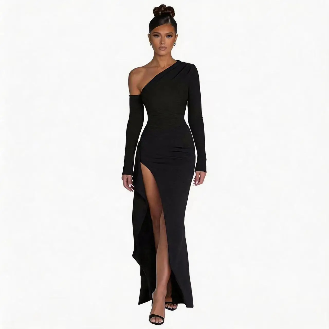 2026 Autumn Fashion Y2K Sexy Long Dress Elegant Slim Gothic Dark Night Style Single Sleeve Slit Solid Color Dress for Women 261015