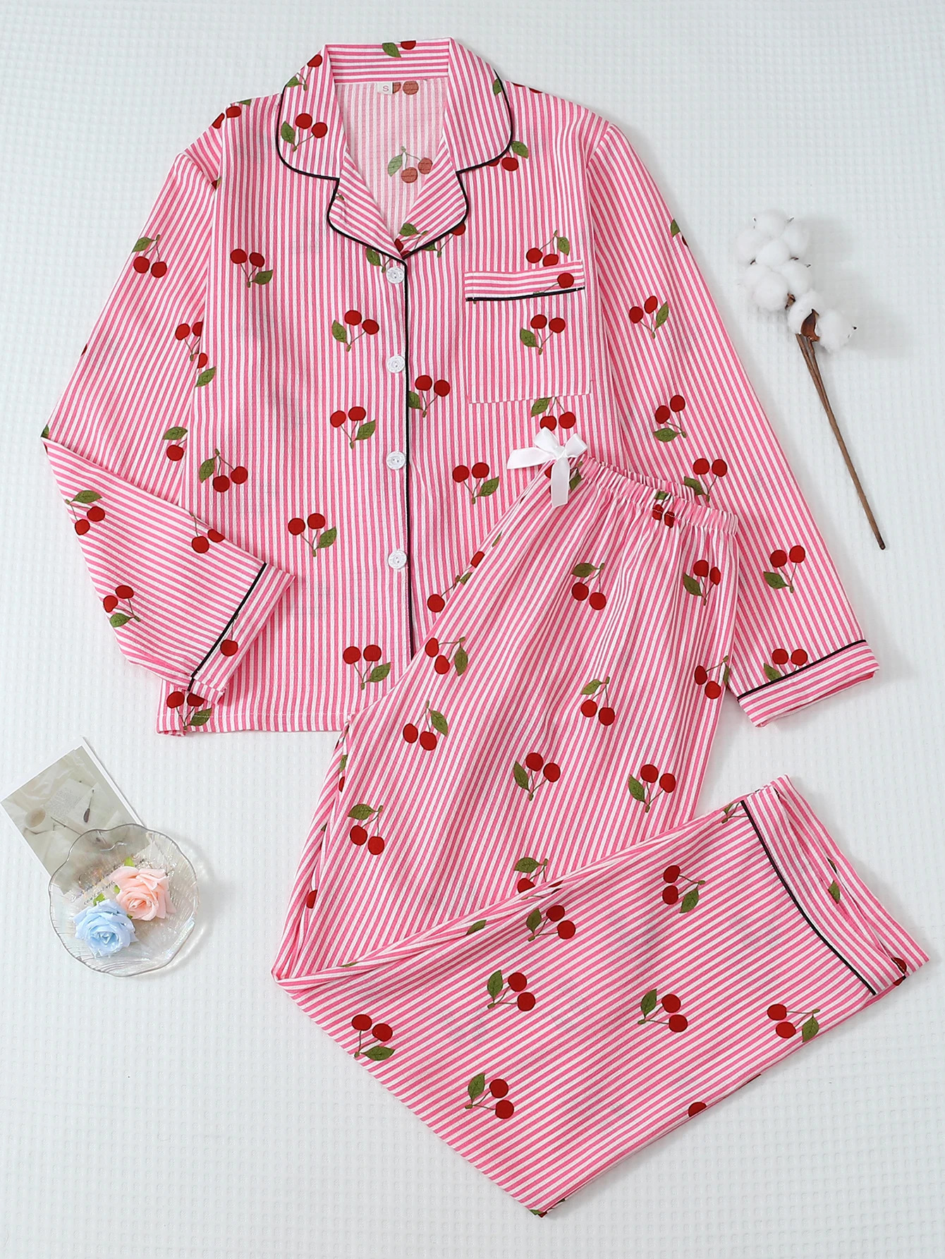Two-Piece Comfortable Pink and White Striped Cherry Print Button-Down Top with Bow-Tie Trousers Women's Pajama Loungewear Set Suitable for Home