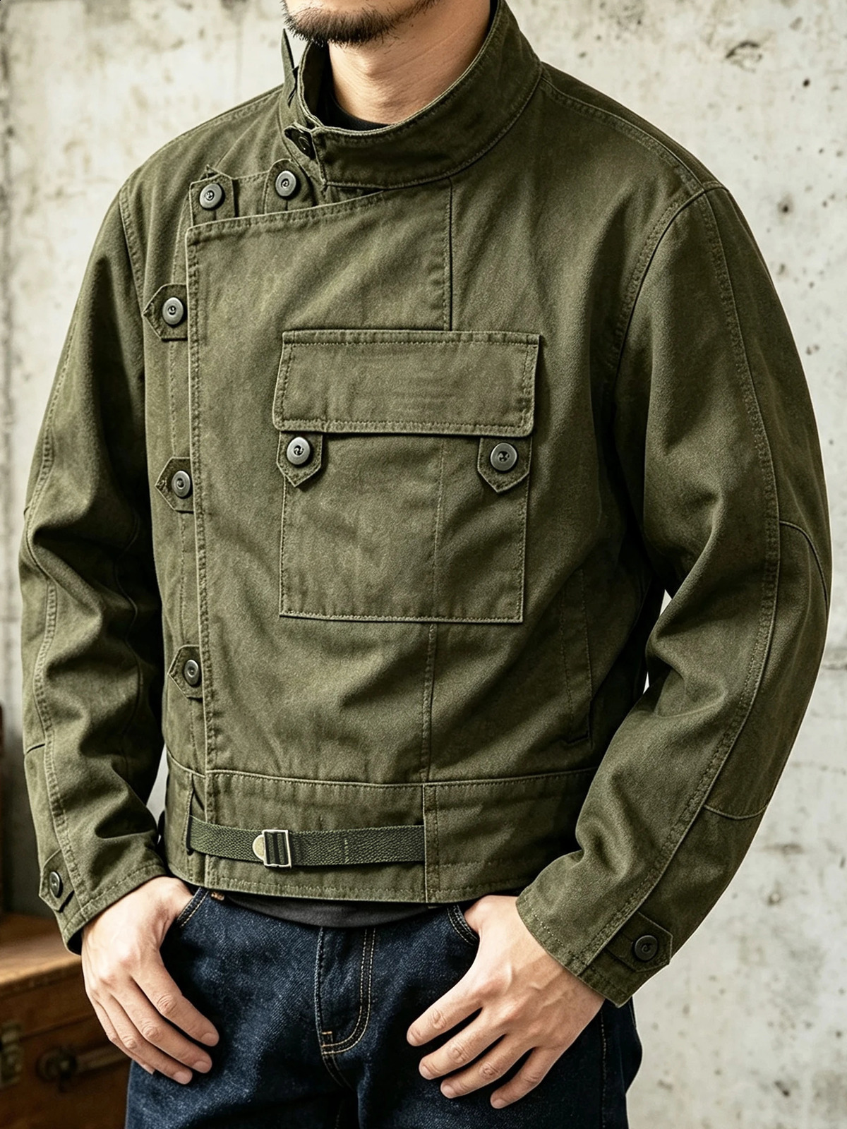 Swedish Motorcycle Jacket Men's Retro Military Green Casual Cropped 100 Cotton Canvas Workwear Asymmetric Safari Style 261009