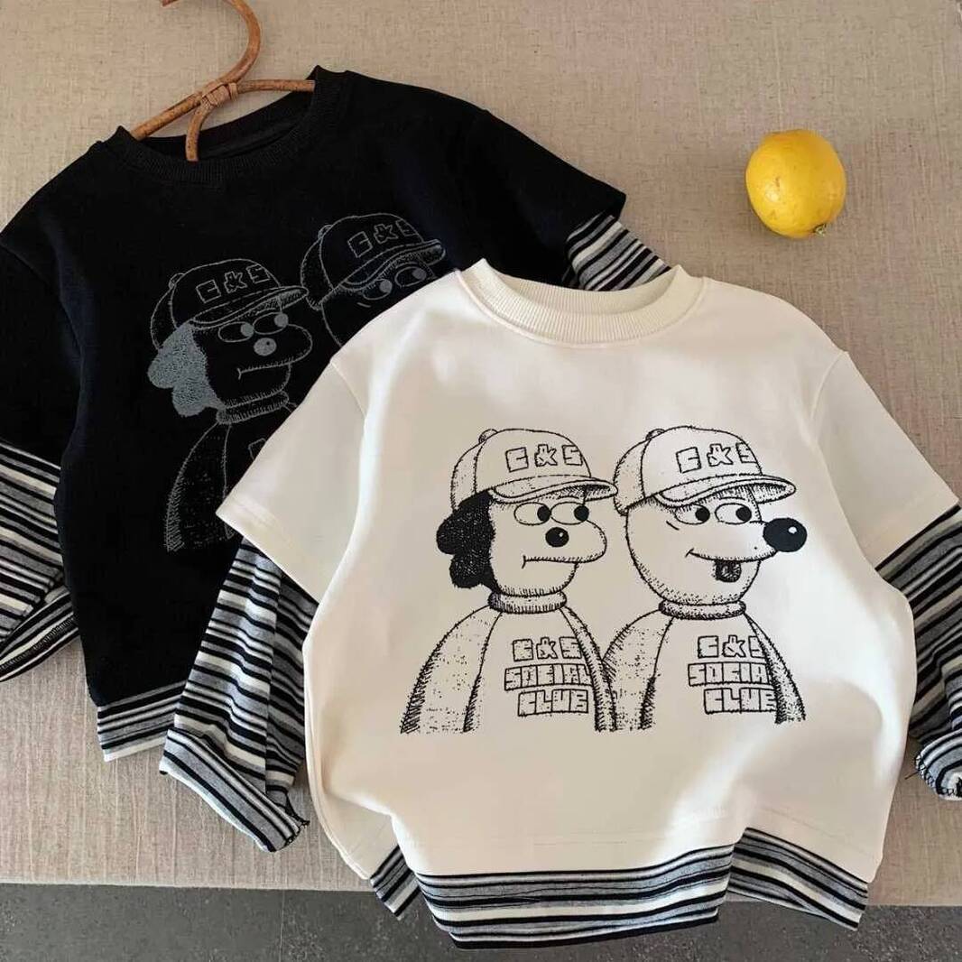 Girls pullover Hoodie Childrens 2026 Spring New Style Kids Clothing Boys And Girls Striped Sleeve Faux Two Piece Sweatshirt Baby Casual Top Trendy C