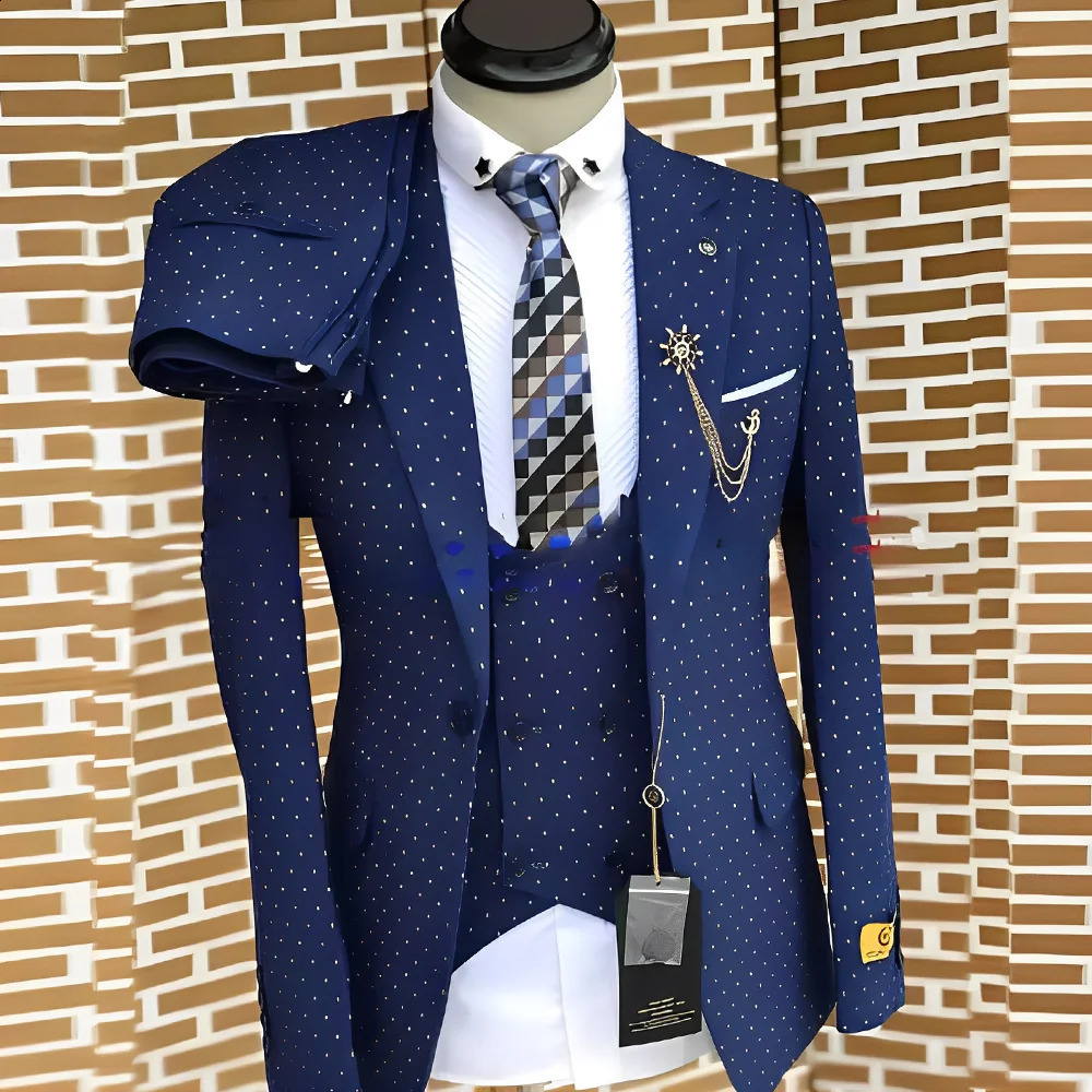 Polka Dot Mens Suit 3 Piece Fashionable Business Work Clothes Groom Wedding Tuxedo Jacket Pants Vest Custom Outfit 261017