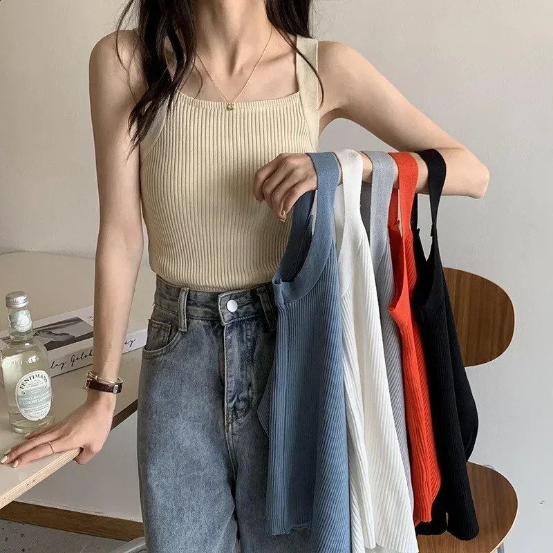 2025 Spring Women Crop Tops Strapy Casual Camis Sleeveless Tank Cute Plain Square for Korean 261016