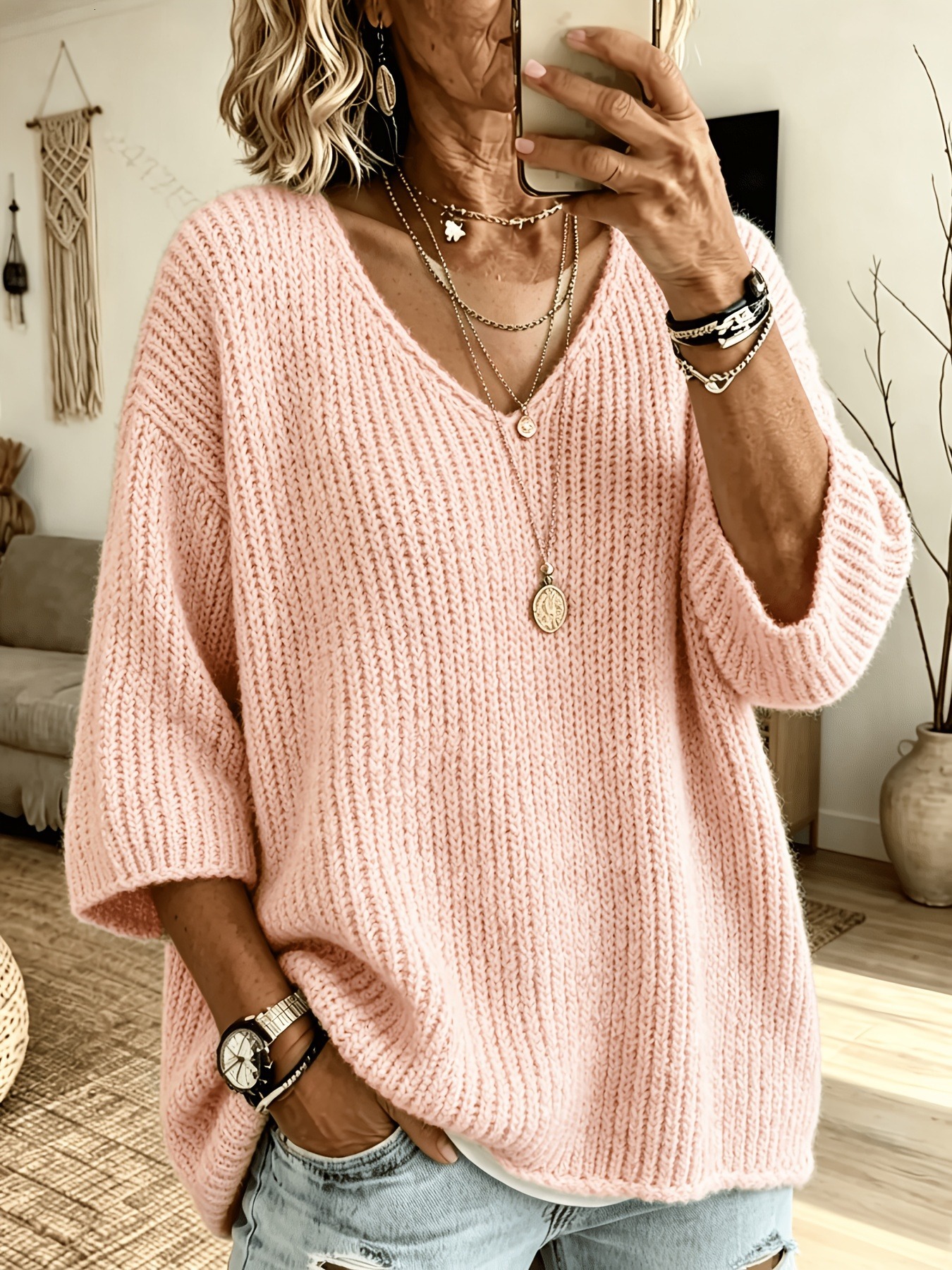 2026 New Designer Autumn/winter Style European And American Style Warm Thick Knitted V-neck Women's Loose Sweater Solid Color Casual Knitted To