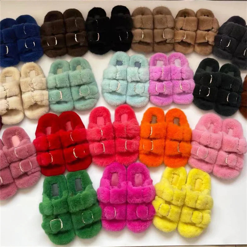 Slippers Ladies Summer Fluffy Mink Fur Slippers 100% Mink Fur Slippers Ladies Sandals Home Slippers Girls Outdoor Slippers 261017