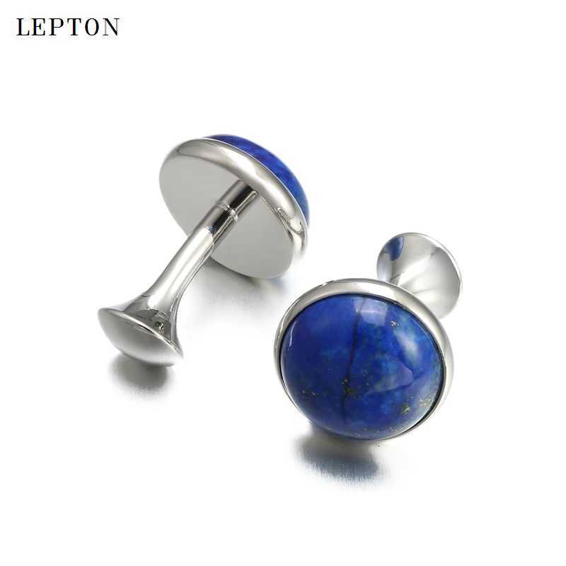 Links Low-key Luxury Lapis Cuff Lazuli Cufflinks for Mens Gold Color Lepton High Quality Round Lazurite Stone Cuff links Relojes gemelosW261017
