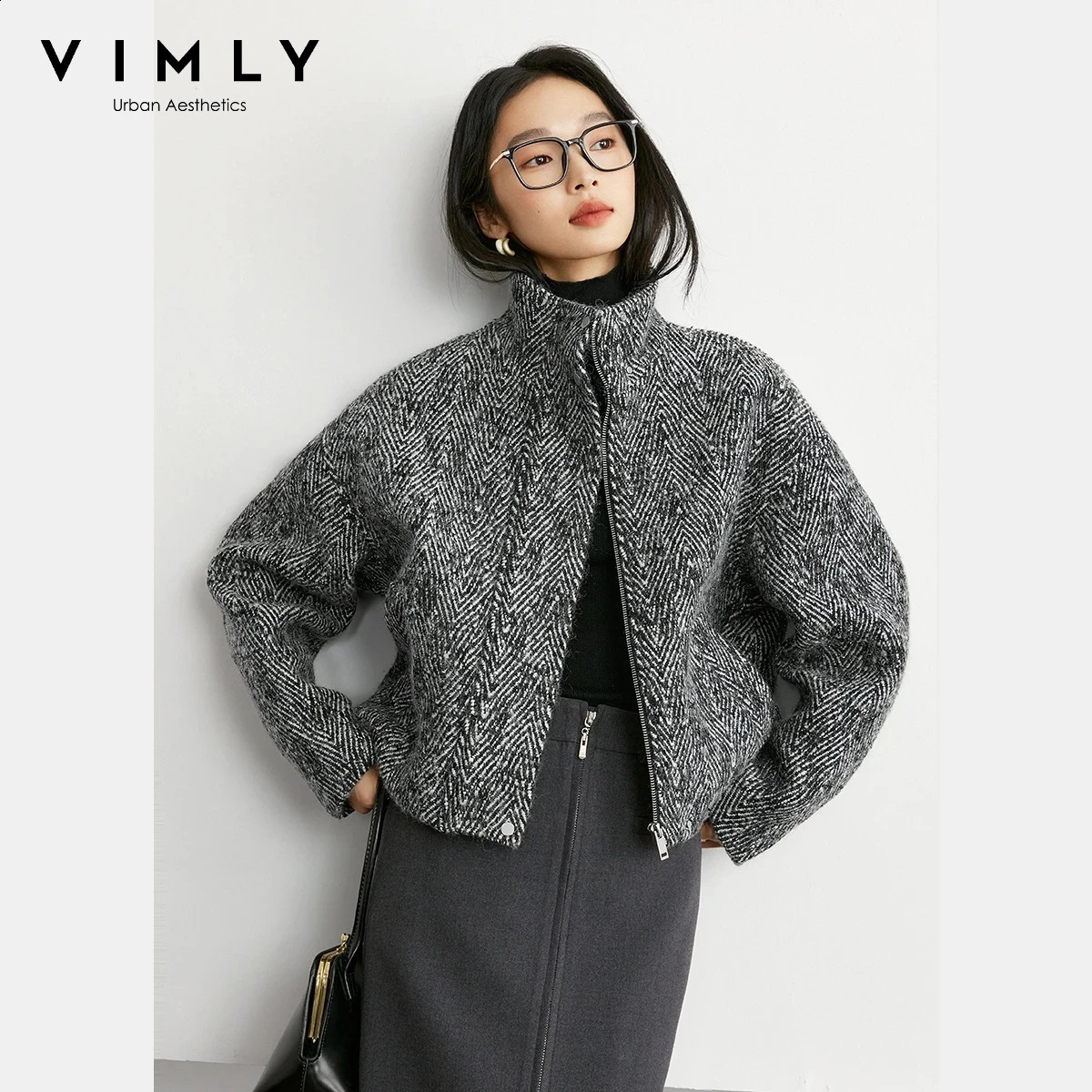 VIMLY Women's Wool Blend Winter Short Coats 2026 Stand Neck Zip Up Textured Long Sleeve Ladies Warm Jacket Woman Clothes M9117 261014