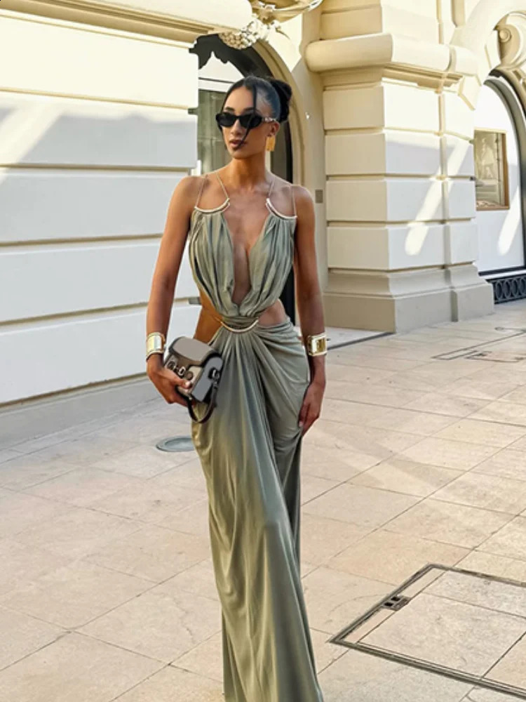 Women's Metal Trim Spaghetti Strap Maxi Dress Sexy Deep V Cutout Waist Crisscross Backless Vestidos Beach Evening Party Gown 261017