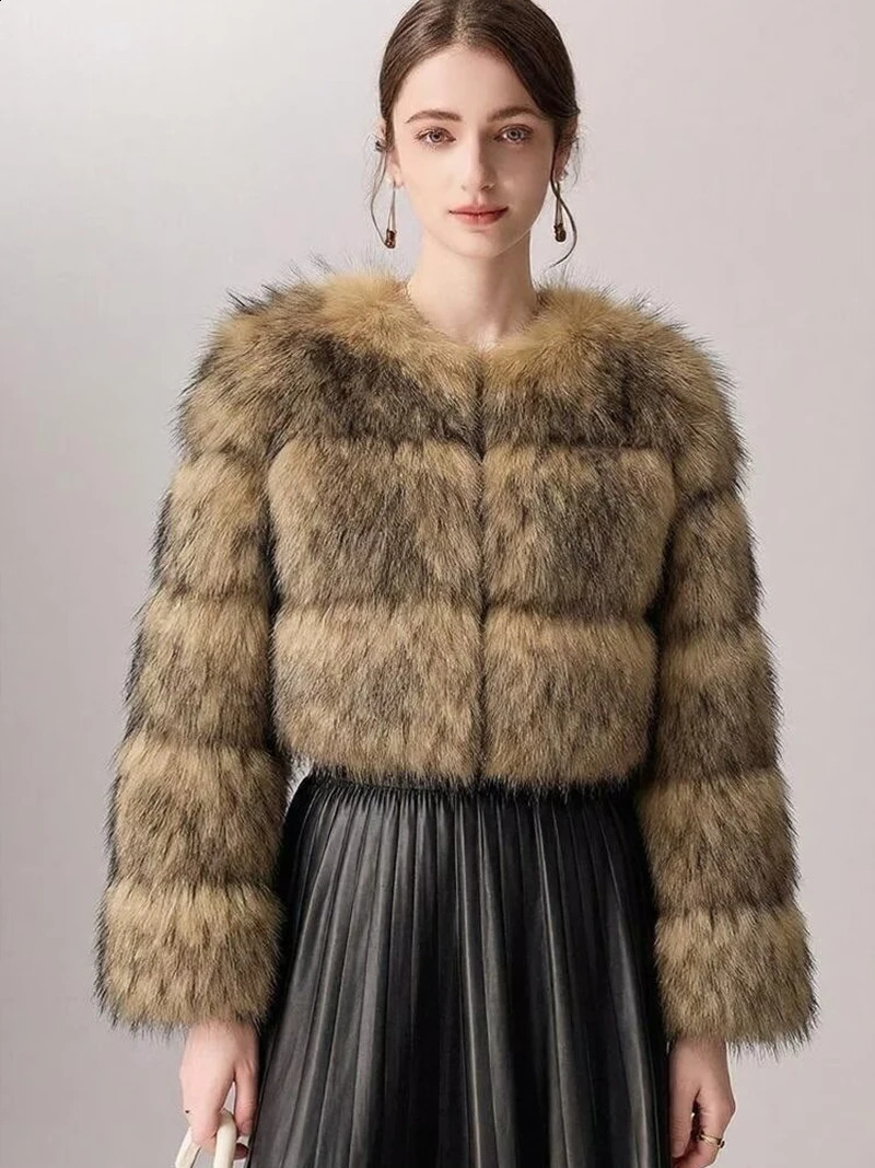 ZADORIN High Quality Cropped Faux Raccoon Fur Coat Woman Winter Fashion O Neck Long Sleeve Fluffy Short Jacket Crop Top 261013