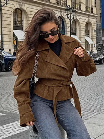 Women 2026 Autumn Winter Retro Commuter Brown Suede Wrap Coat With Ties High End Trendy Elegant Soft Business Daily Street Jacket Outerwear For Ladi