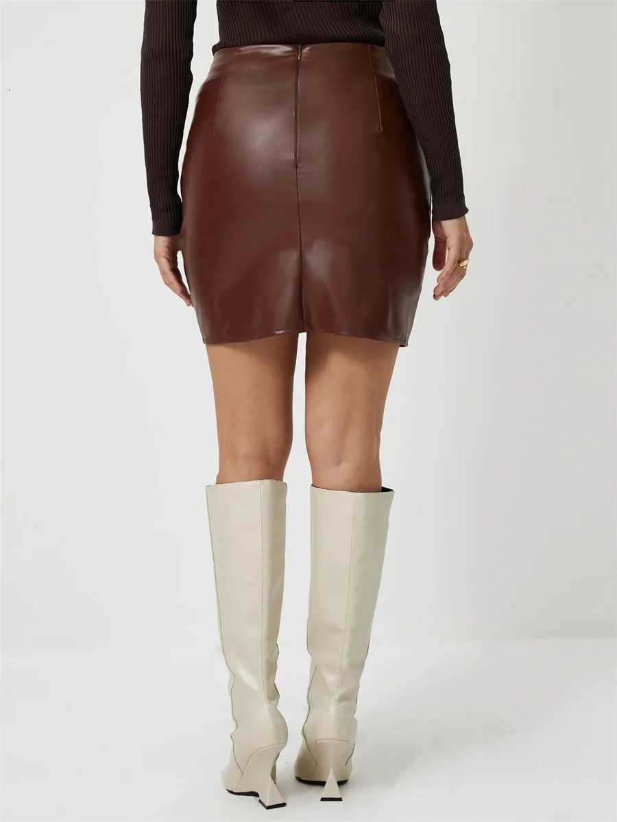 Leather Skirts PU Benuynffy Fashion Skirt Women's Autumn and Winter Elegant High Waist Zipper Back Ruched Bodycon Mini Skirts 2024 New W261017