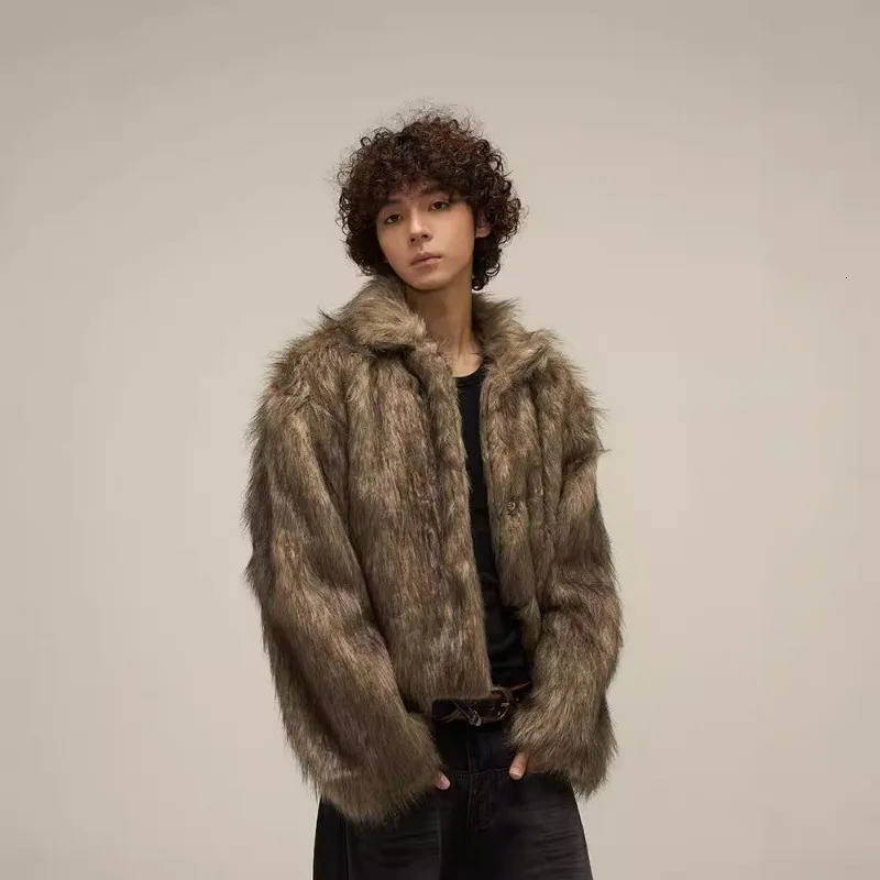 WHXR Winter Faux Fur Coat Men Streetwear Loose Long Sleeve Man Short Jacket Windproof Turn Down Collar Male Outerwear 261012