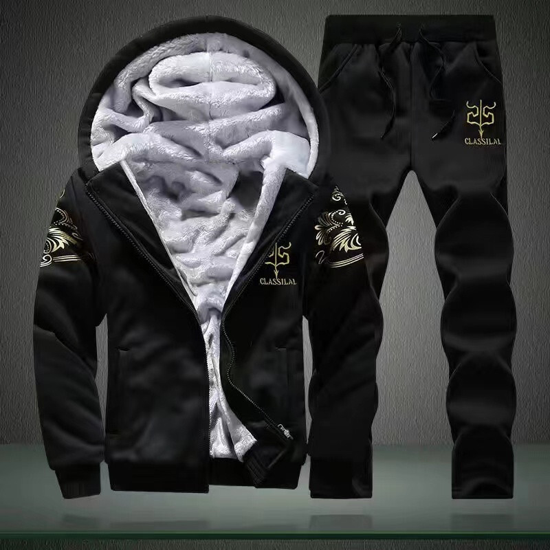Mens Two Piece Jacket And Pants Set Long Sleeve Fleece Lined Polyester Sportswear For Men Winter Warm Plus Size Casual Outfit For Daily Wear Outdoor