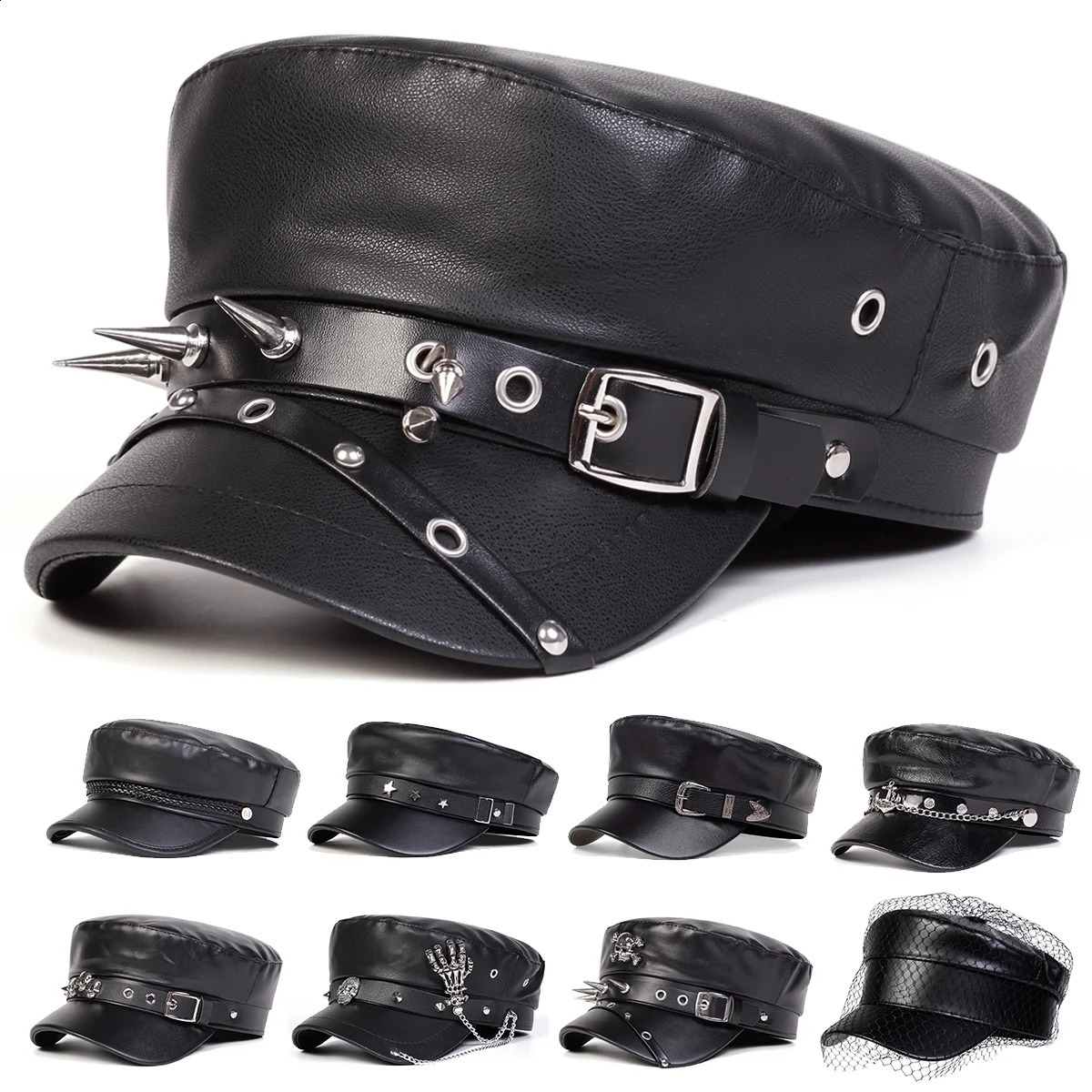 Unisex Rivet Buckle Leather Hat Spring Autumn Sailor Hats Black Beret Cap Men Flat Top Captain Military Caps261016
