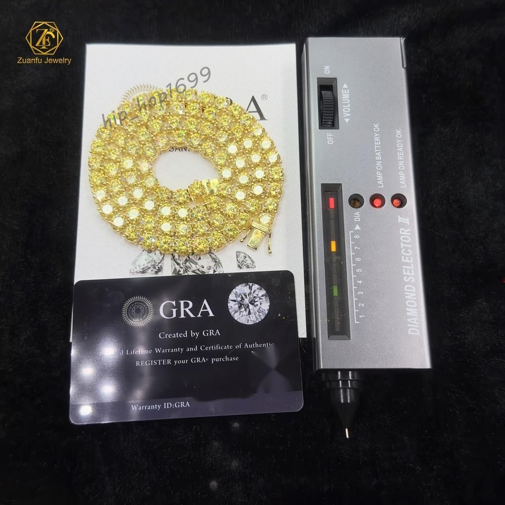 GRA Certified HipHop 925 Sterling Silver 6.5mm Canary Yellow Moissanite 16in 18in 20in 22in 24in Choker Tennis Chain Necklace