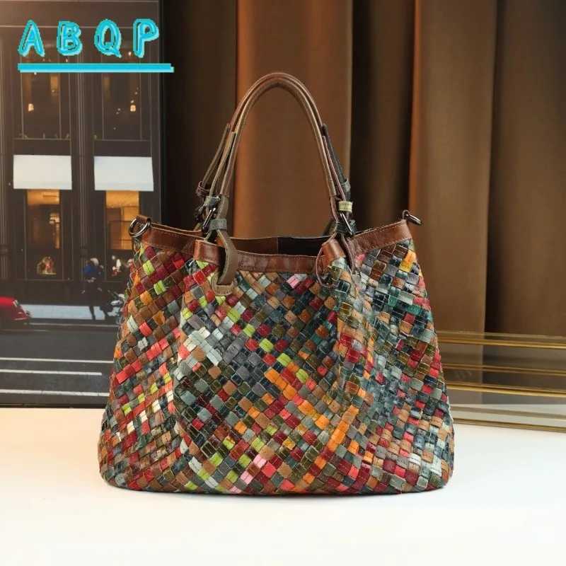 Evening Bags ABQP New Women's Handbag Made of Genuine Leather Hand Woven Women's Single Shoulder Crossbody Bag Color Spliced Women's