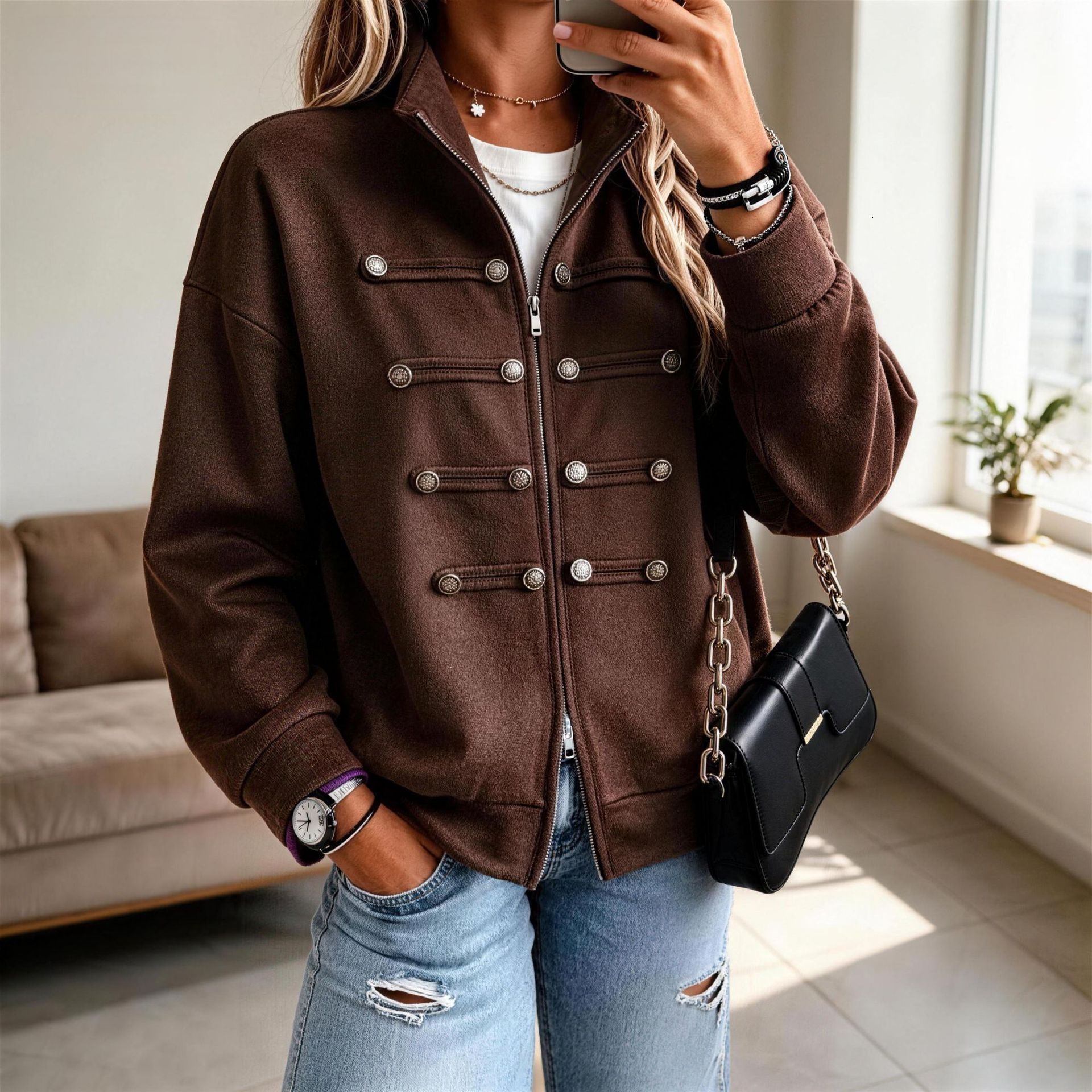 Women 2026 New European American Style Casual Zip Up Cardigan Jacket Solid Color Long Sleeve Trendy Soft Versatile Daily Street Outerwear For Ladies