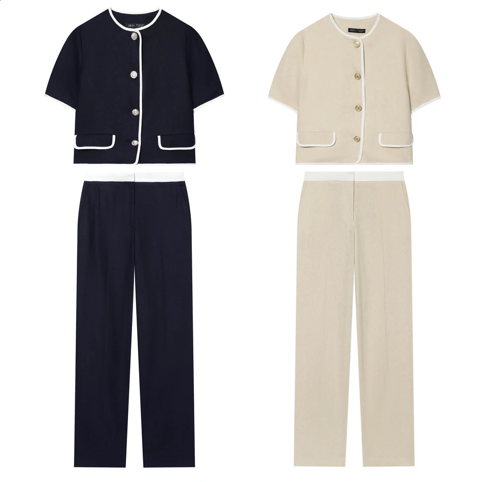 Women Summer 2 Pieces Set Contrast Short Sleeve Jacket and High Waist Straight Pant Female Chic Lady Elegant Office Outfit Suit 261013
